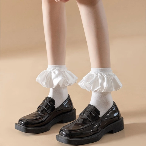 Women Lolita Mid-Calf Socks With Large Satin Ruffle Edge Cotton Blend Sweet Japanese JK Style Princess Solid Color