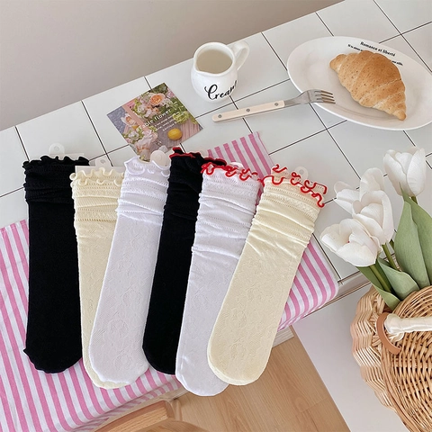 Women Sweet Crew Socks Lace Flower Hollow Out Mesh Nylon Ruffle Trim Wood Ear Edge Japanese Lolita Style Breathable