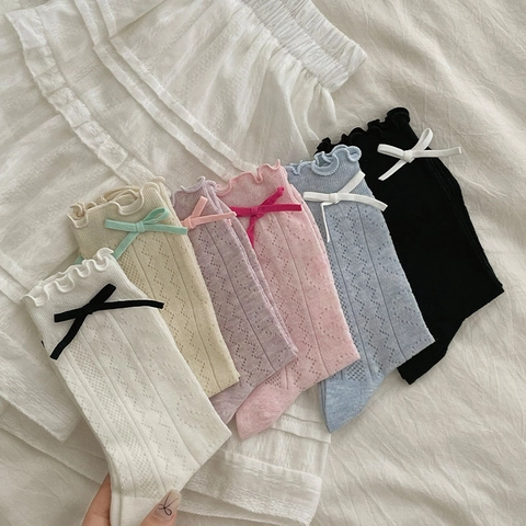 Women Mid-Calf Socks Cotton Breathable Hollow Mesh Ruffle Edge Bowknot Japanese Sweet Style