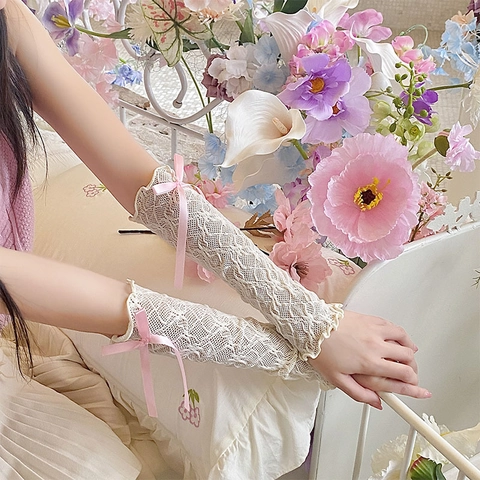 Lace Arm Sleeves Polyester Hollow Mesh Bowknot Ruffle Sun Protection Summer Lolita Style Accessories For Women