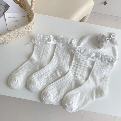 Weiße Baumwollmischung Crew Socken Mit Rüschenrand Und Satinschleife Süß Lolita JK Stil Atmungsaktiv Hohlmuster