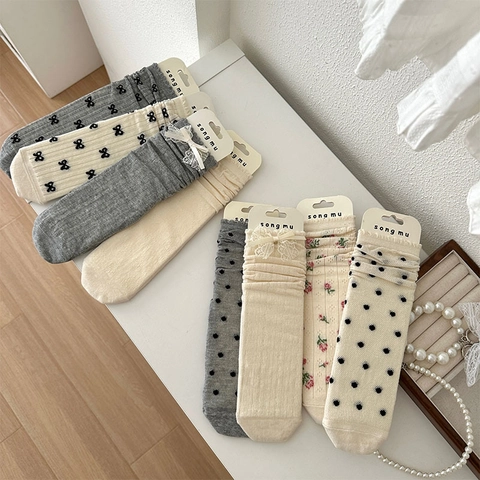 Women Mid-Calf Socks Cotton Blend Breathable Bowknot Lace Heart Pattern Japanese Sweet Style JK Lolita