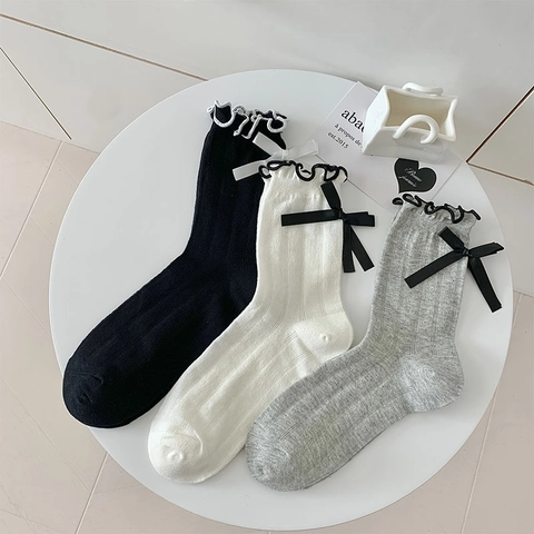 Calze Al Polpaccio In Cotone Da Donna A Costine Con Fiocco E Volant Stile JK Giapponese Dolce Lolita