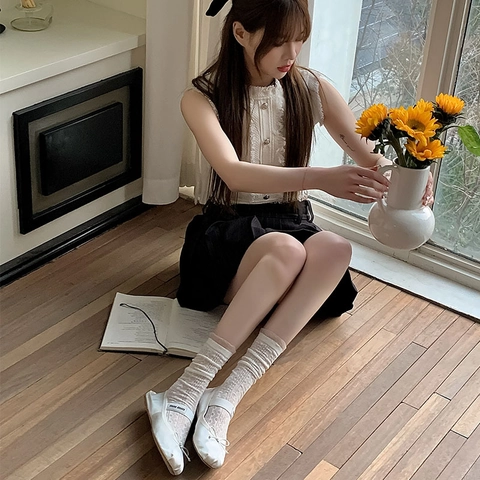 Süße Lolita Stil Damen Weiße Baumwolle Spitze Wadenlange Socken Mesh Ausgehöhlt Atmungsaktiv Rüschenbesatz Vintage Ästhetik