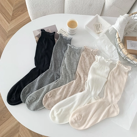 Women Mesh Slouch Socks Breathable Ribbed Knit Lettuce Edge Trim Solid Color Japanese Style Mid Calf Socks