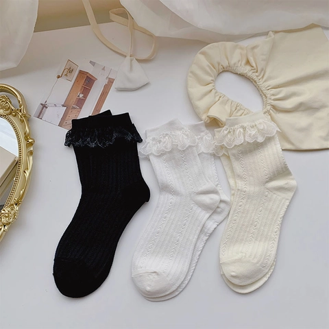 Women Lolita Lace Trim Mid-Tube Socks Ribbed Cotton Blend Sweet Princess Style Fashion Breathable Solid Color Girls