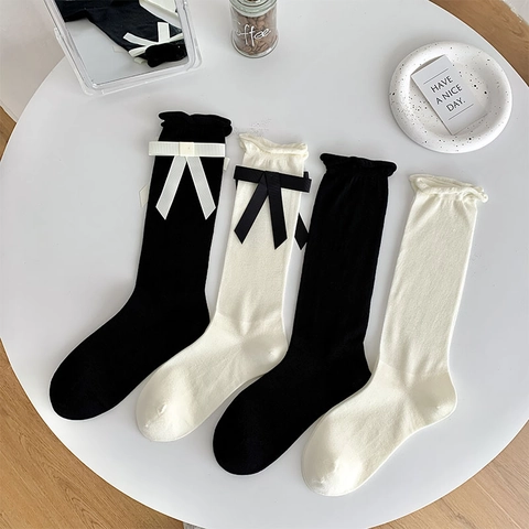Women Sweet Ruffle Mid Calf Socks Nylon Ribbed Bow Knot Preppy Style JK Balletcore Accessories Solid Color Breathable