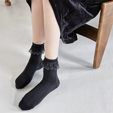 Women Lolita Lace Trim Mid-Tube Socks Ribbed Cotton Blend Sweet Princess Style Fashion Breathable Solid Color Girls