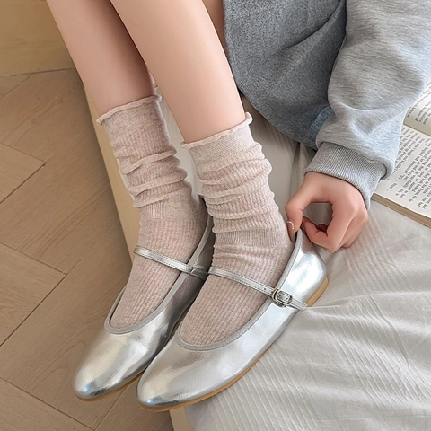 Women Mesh Slouch Socks Breathable Ribbed Knit Lettuce Edge Trim Solid Color Japanese Style Mid Calf Socks