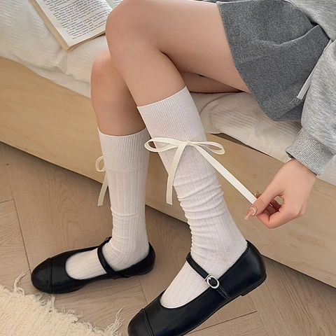 Calf High Socks Women Cotton Ribbed Knit Ribbon Bow Sweet Lolita Japanese JK Style Soft Breathable Elastic Solid Color