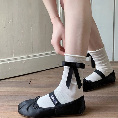 Women Sweet Ruffle Mid Calf Socks Nylon Ribbed Bow Knot Preppy Style JK Balletcore Accessories Solid Color Breathable