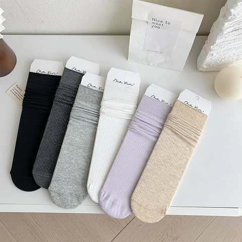 Damen Baumwolle Gerippte Crew Socken Einfarbig Atmungsaktiv Mittelwadenstrümpfe Japanischer Akademie-Stil Minimalistisch