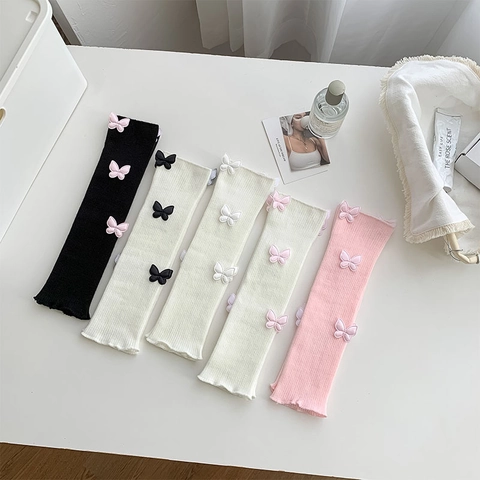 Women Leg Warmers Cotton Ribbed Knit 3D Butterfly Applique Sweet Balletcore JK Style Ruffle Slouch Socks