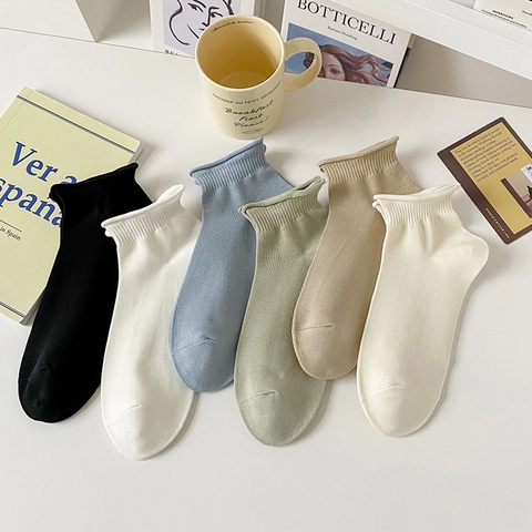 Women Cotton Socks Solid Color Ruffled Edge Soft Breathable Korean Style Casual Ankle Socks For Girls