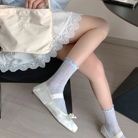 Damen Crew Socken Rüschenkante Durchbrochenes Rautenmuster Atmungsaktives Mesh Nylonmischung Japanischer Süßer Stil