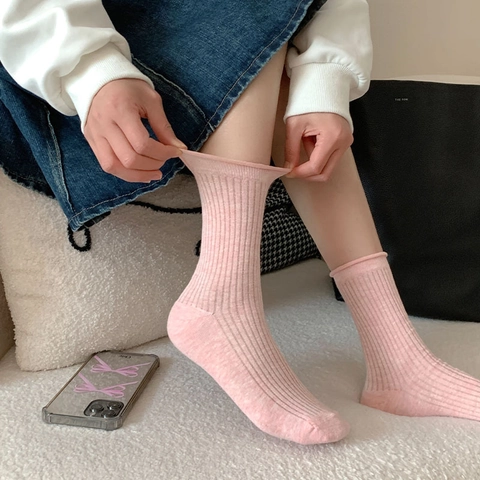 Dames Sokken Katoen Ribgebreid Slarand Rolrand Japanse Stijl Effen Kleur Halverwege De Kuit Zoete Kousen Casual