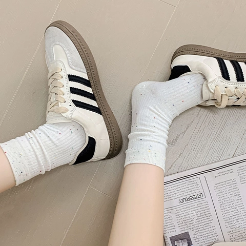 Damen Crew Socken Baumwolle Gesprenkeltes Nep Garn Rippstrick Vertikale Streifen Atmungsaktiv Minimalistisch Süßer Stil