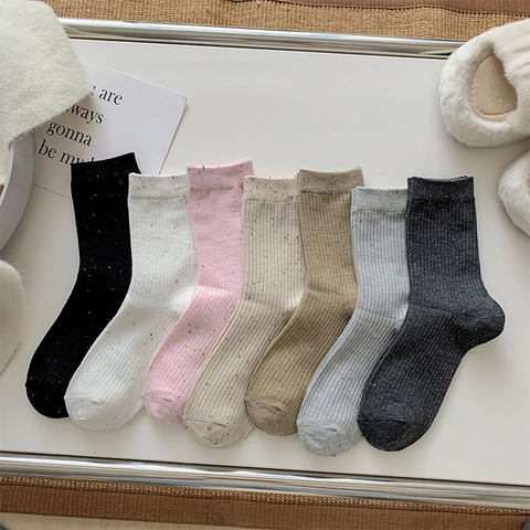 Damen Crew Socken Baumwolle Gesprenkeltes Nep Garn Rippstrick Vertikale Streifen Atmungsaktiv Minimalistisch Süßer Stil