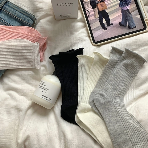 Dames Sokken Katoen Ribgebreid Slarand Rolrand Japanse Stijl Effen Kleur Halverwege De Kuit Zoete Kousen Casual
