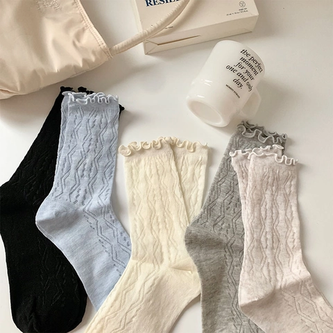 Damen Crew Socken Rüschenkante Durchbrochenes Rautenmuster Atmungsaktives Mesh Nylonmischung Japanischer Süßer Stil