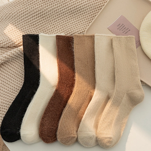 Women Slouch Socks Ribbed Knit Thickened Fleece Warm Winter Autumn Solid Color Soft Mid Calf Fashionable