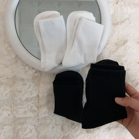 Women Crew Socks Cotton Ribbed Thickened Warm Terry Knit Sporty Simple Korean Ins Style Breathable Absorbent