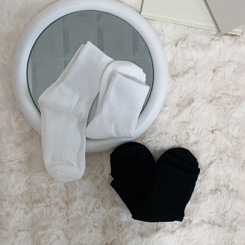 Women Crew Socks Cotton Ribbed Thickened Warm Terry Knit Sporty Simple Korean Ins Style Breathable Absorbent