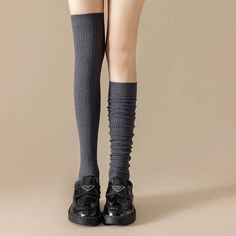 Chaussettes Hautes Femme Tricot Côtelé Mélange De Coton Amincissant Style Preppy Longues Bas Hautes En Couleur Unie