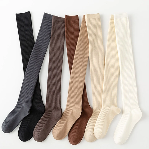 Chaussettes Hautes Femme Tricot Côtelé Mélange De Coton Amincissant Style Preppy Longues Bas Hautes En Couleur Unie