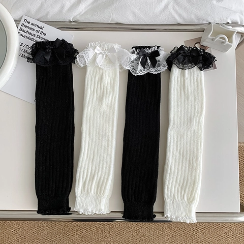Jambières En Tricot Pour Femmes Coton Chaussettes Lolita Avec Bordure En Dentelle Et Nœud Style JK Japonais Chaud
