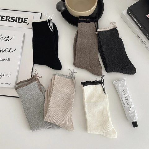 Women Cotton Ribbed Crew Socks With Ruffle Lettuce Trim And Drawstring Tie Japanese Style Retro Mid-Calf Hosiery