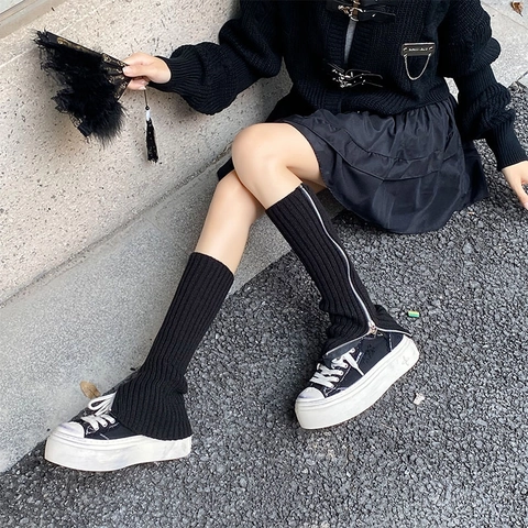 Knitted Leg Warmers Cotton Ribbed Side Zipper Harajuku Punk Gothic Style Mid Calf Leg Sleeves For Women Sweet Cool