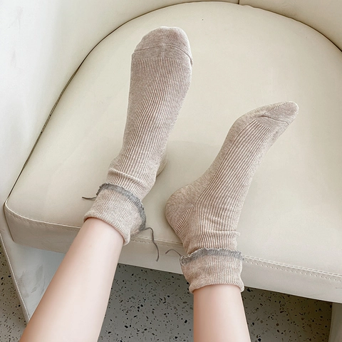Women Cotton Ribbed Crew Socks With Ruffle Lettuce Trim And Drawstring Tie Japanese Style Retro Mid-Calf Hosiery