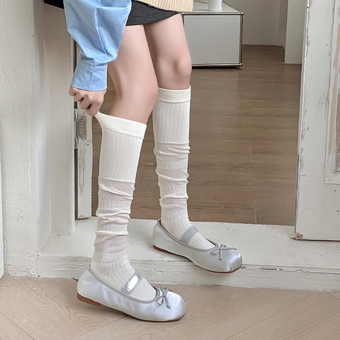 Calcetines Pantorrilla De Algodón Acanalado Para Mujer Media Rodilla Color Sólido Estilo Ballet Japonés Transpirable