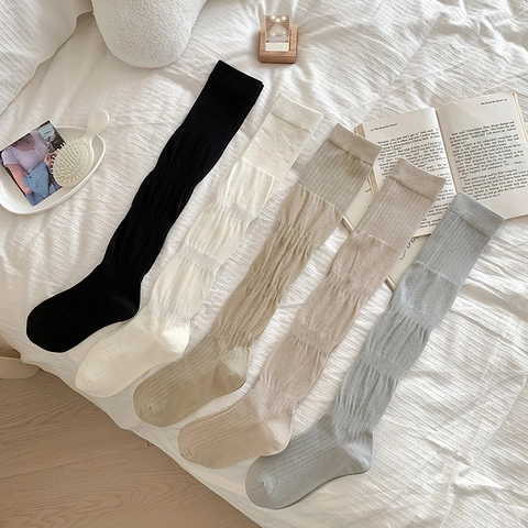 Calcetines Pantorrilla De Algodón Acanalado Para Mujer Media Rodilla Color Sólido Estilo Ballet Japonés Transpirable