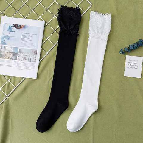 Damen Lolita Overknee Socken Baumwollstrick Mit Breitem Spitzenbesatz Süße Japanische Akademie Stil Socken