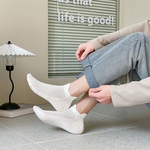 Men Ankle Socks Cotton Blend Mesh Breathable Low Cut Japanese Style Solid Color Minimalist Sweat Absorbent With Heel Tab