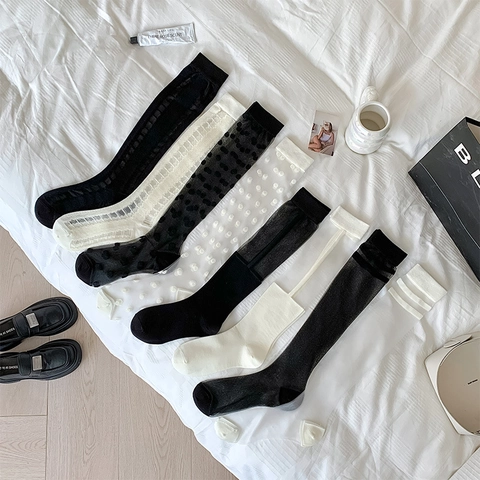 Chaussettes Hautes En Maille Transparente À Pois Rayées Dentelle Respirantes Style Japonais JK Doux Femmes Mode