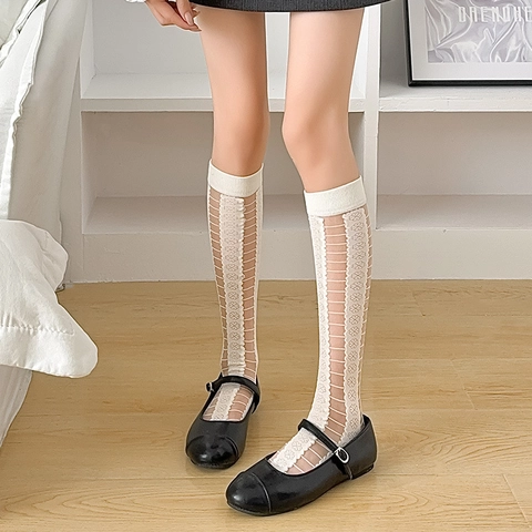 Chaussettes Hautes En Maille Transparente À Pois Rayées Dentelle Respirantes Style Japonais JK Doux Femmes Mode