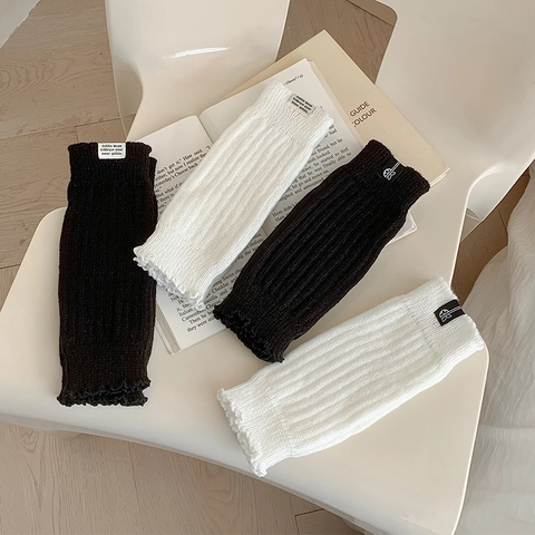 Japanese Style Women Knit Leg Warmers Ribbed Slouch Socks Nylon Breathable Solid Color With Fabric Label Lettuce Trim Lolita Accessory
