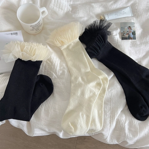 Damen Crew Socken Baumwollmischung Rippstrick Mesh Spitze Rüschensaum Lolita Balletcore Süßer Vintage Stil Strumpfwaren