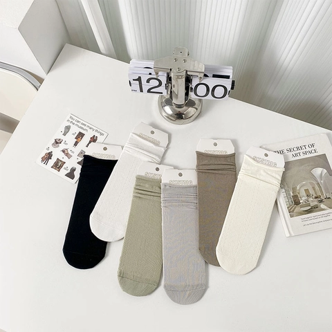 Women Mid Calf Slouch Socks Cotton Blend Hollow Mesh Thin Breathable Japanese Style Rolled Edge Solid Color