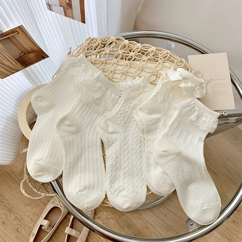 Calze Lolita Dolci Da Donna Bianco Crema Bordo In Pizzo Misto Cotone Fiocco In Nastro Retrò Bordo A Volant Strutturato