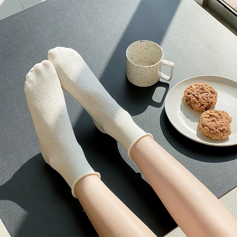 Women Mid Calf Slouch Socks Cotton Blend Hollow Mesh Thin Breathable Japanese Style Rolled Edge Solid Color