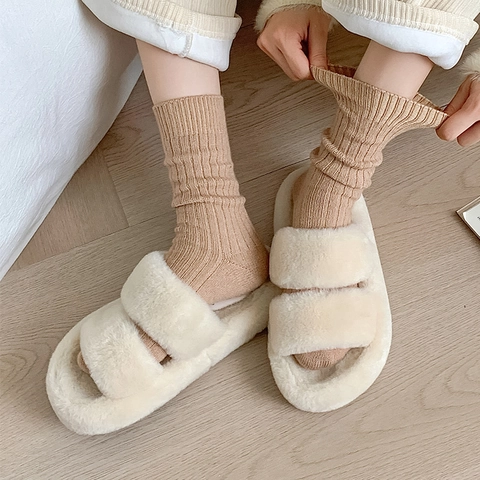 Women Winter Warm Slouch Socks Thickened Thermal Ribbed Knit Mid Calf Solid Color Minimalist Casual Breathable Comfy