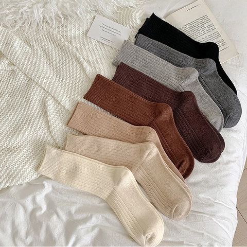 Women Winter Warm Slouch Socks Thickened Thermal Ribbed Knit Mid Calf Solid Color Minimalist Casual Breathable Comfy