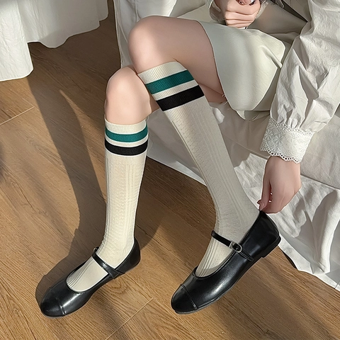 Chaussettes Hautes Femmes Coton Tricot Côtes Rayées Style Preppy Japonais JK Argyle Longues Socken Rétro Élastique Souple