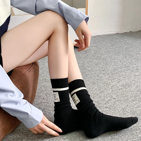 Damen Crew Socken Wollmischung Rippstrick Gestreift Warm Wadenlang Casual Weich Japanischer Stil Retro Stoffetikett