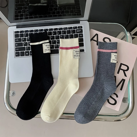Damen Crew Socken Wollmischung Rippstrick Gestreift Warm Wadenlang Casual Weich Japanischer Stil Retro Stoffetikett