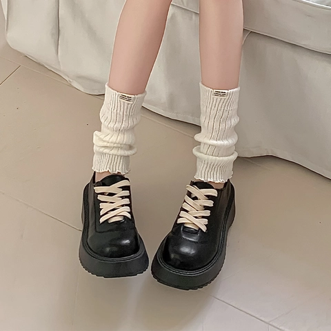 Japanese Style Women Knit Leg Warmers Ribbed Slouch Socks Nylon Breathable Solid Color With Fabric Label Lettuce Trim Lolita Accessory